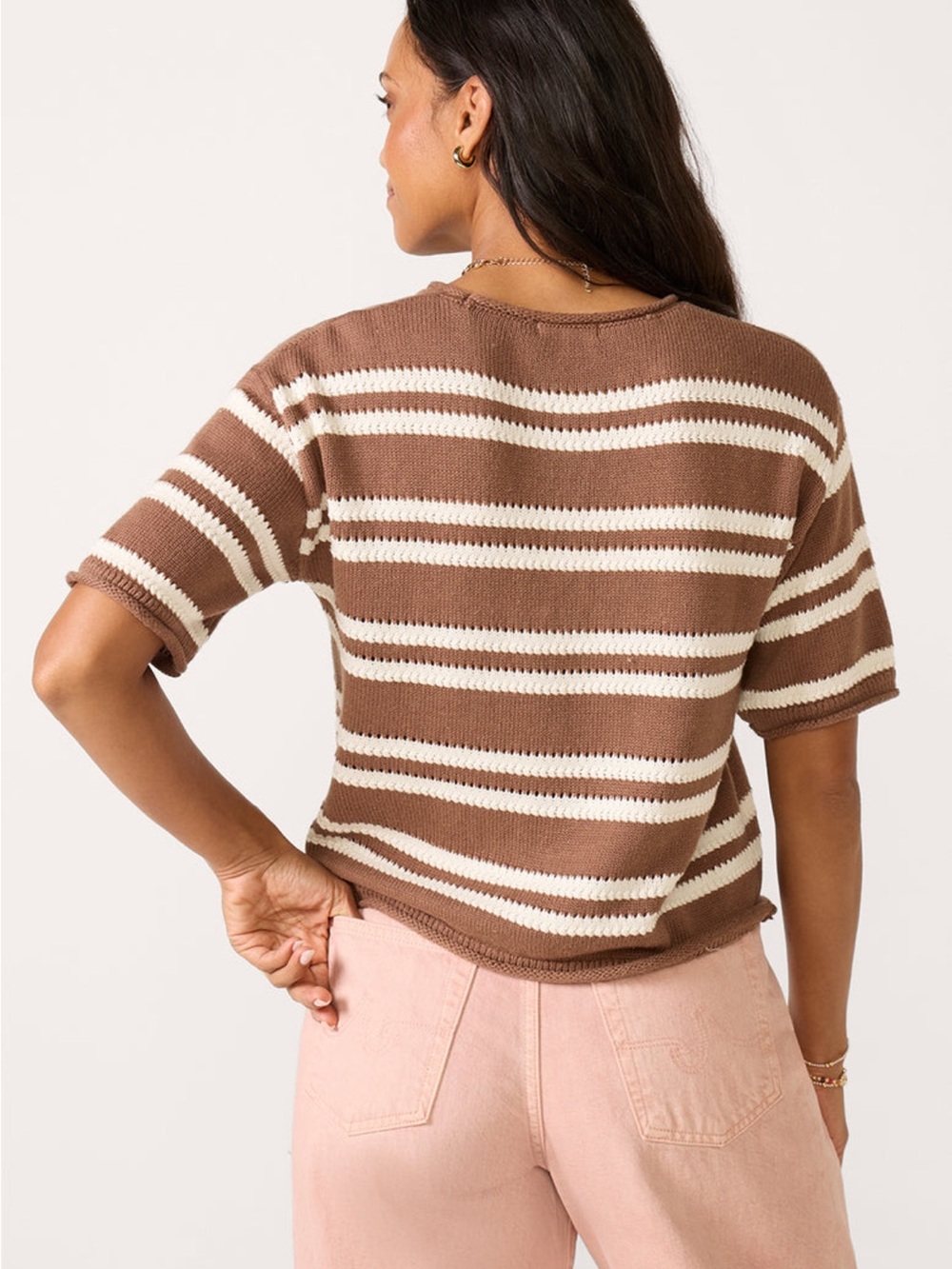 Z Supply Brown and Cream Striped Knit Short-Sleeve Sweater Top - Picture 2 of 5